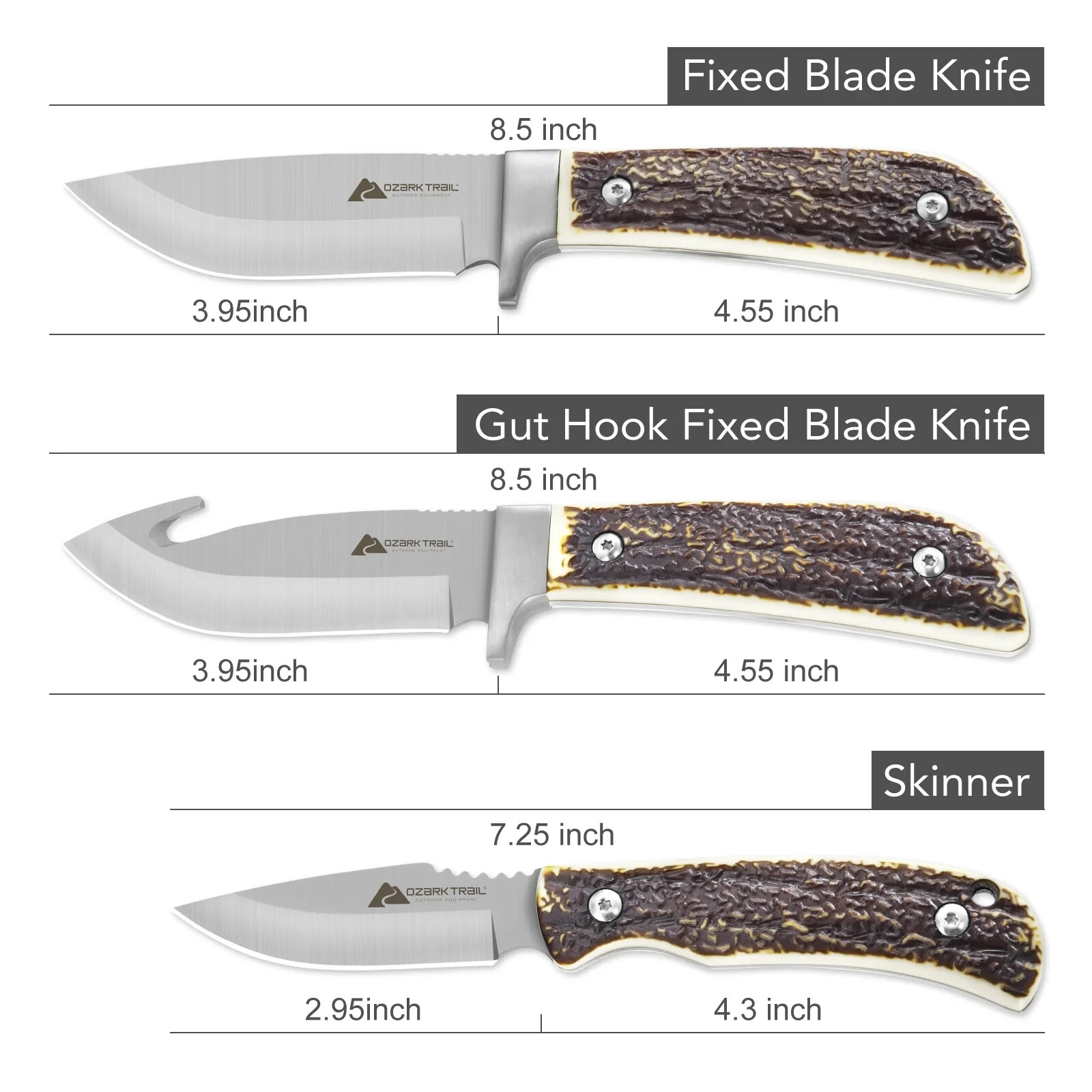 Ozark Trail 6 Pieces Combo Knife Set 8.5″ Fixed Blade & Gut Hook 7.25″ Skinner