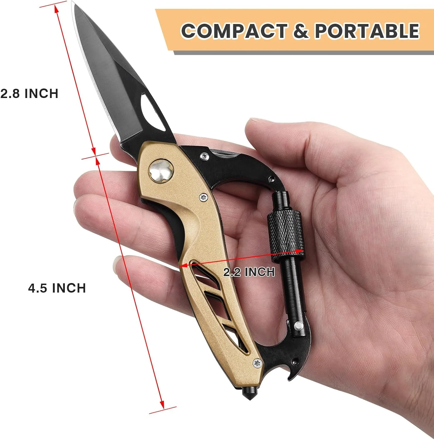 Multitool Carabiner with Pocket Knife, EDC Carabiners with Folding Knives,(Gold)