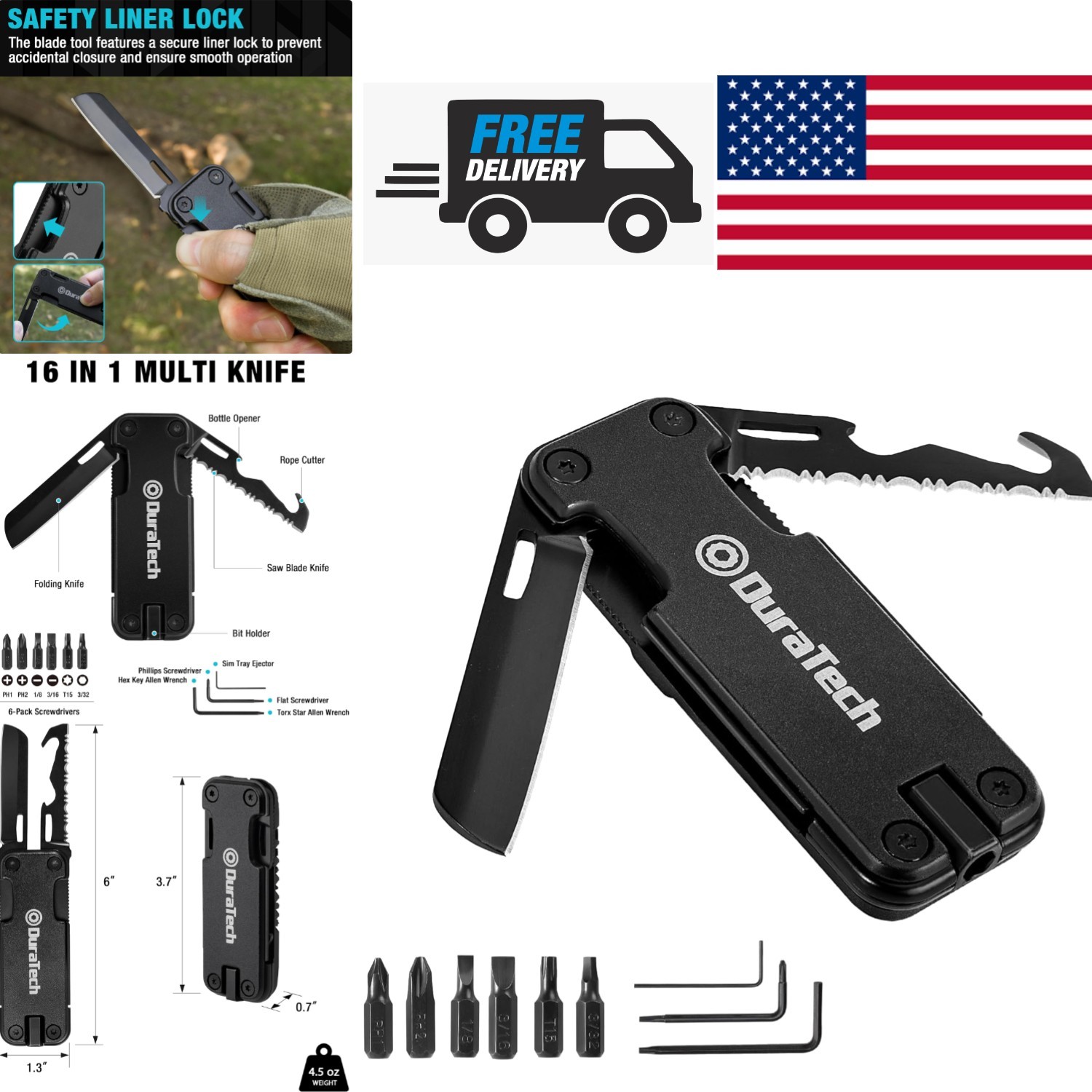 Compact 16 in 1 Multitool Knife with Bottle Opener and Rope Cutter for Outdoors