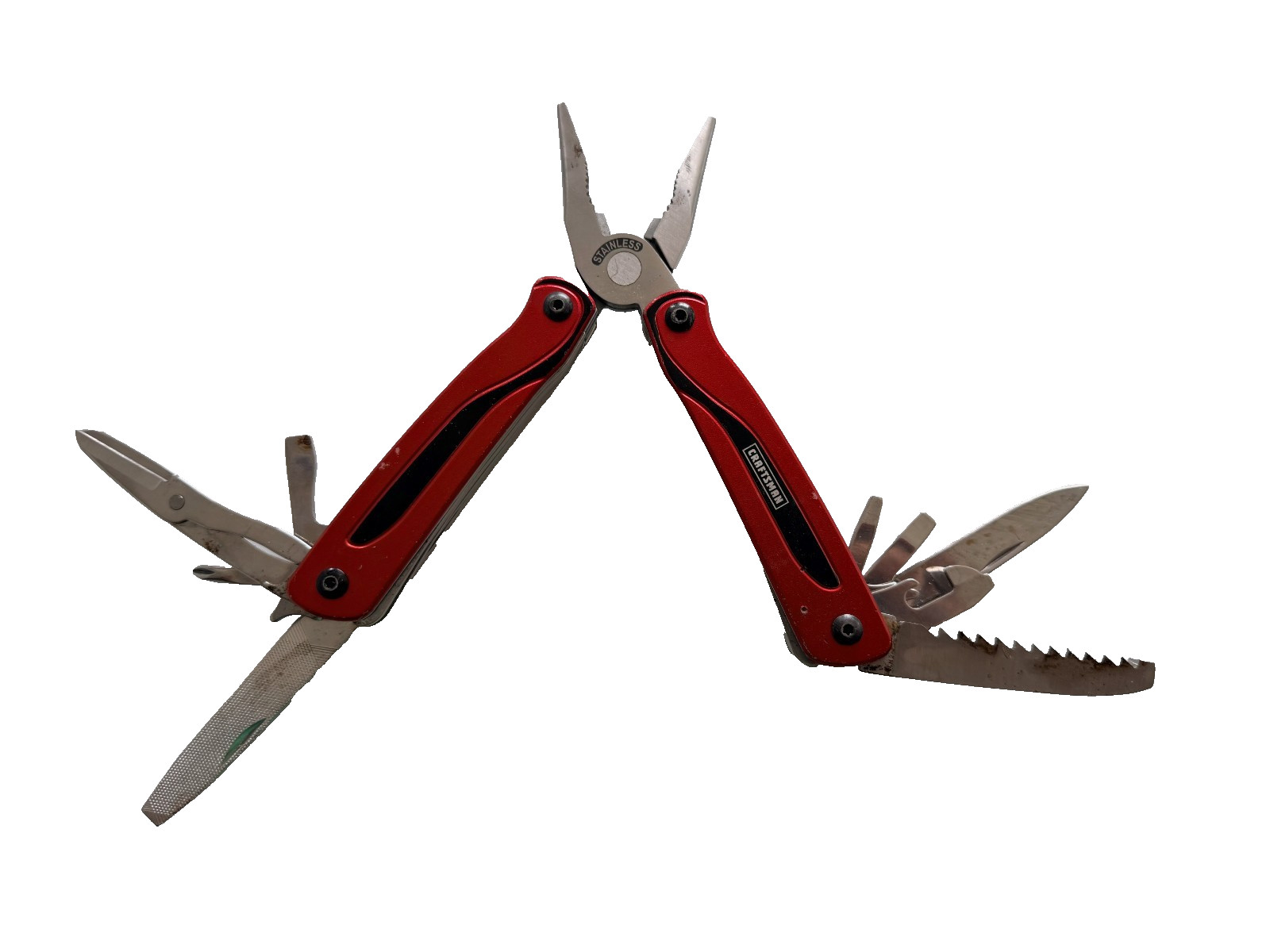 USED Craftsman 10 in 1 Multi Tool Pocket Knife Screwdriver Saw Bottle Opener RED