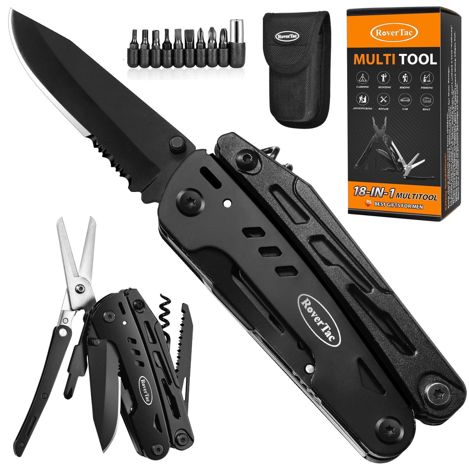 RoverTac 18-in-1 Multitool Pocket Knife with Pliers, Saw, Corkscrew Detachab…