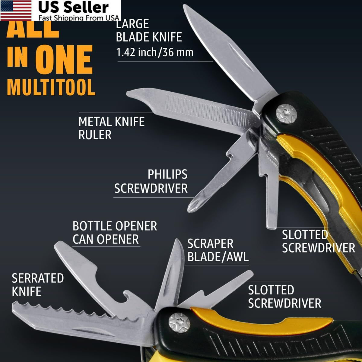 Mini Multitool Knife 12 in 1 Small Pocket Multi Tool with 1. Yellow/Black