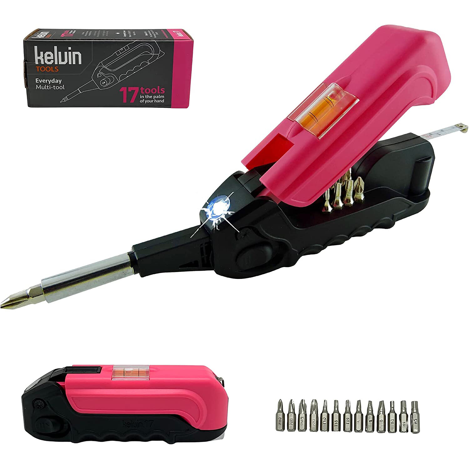 Kelvin Tools Kelvin 17 – The Everyday Multi-Tool with Flashlight, Pink/Black