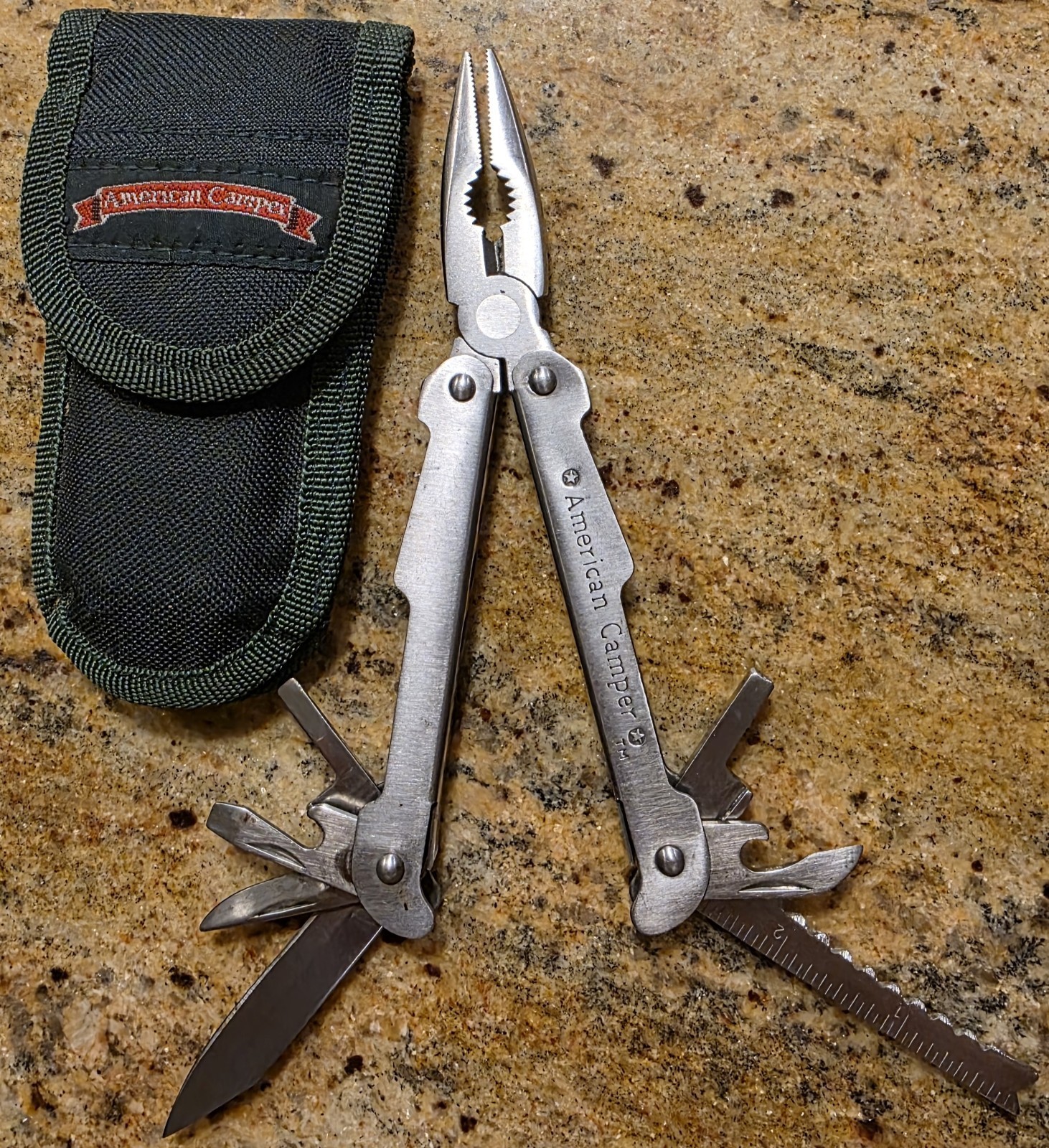 American Camper Multi Tool Green Sheath Pliers Ruler Can Opener Knife File
