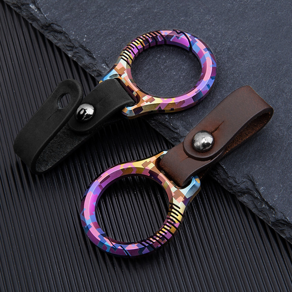 Multicolor Titanium Alloy Carabiner Key Clip Leather Keychain Key Ring EDC Gift