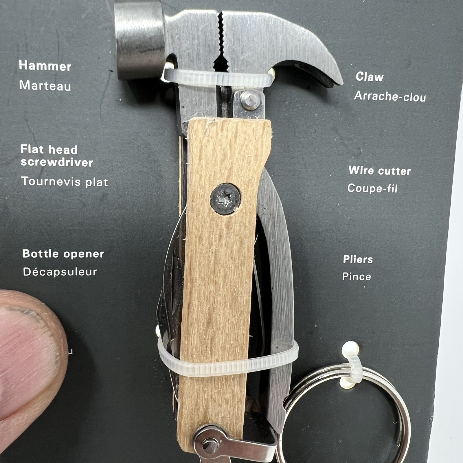 Kikkerland KR13-W Mini Wooden Hammer Tool Keyring 7 in 1 Bottle Opener Knife