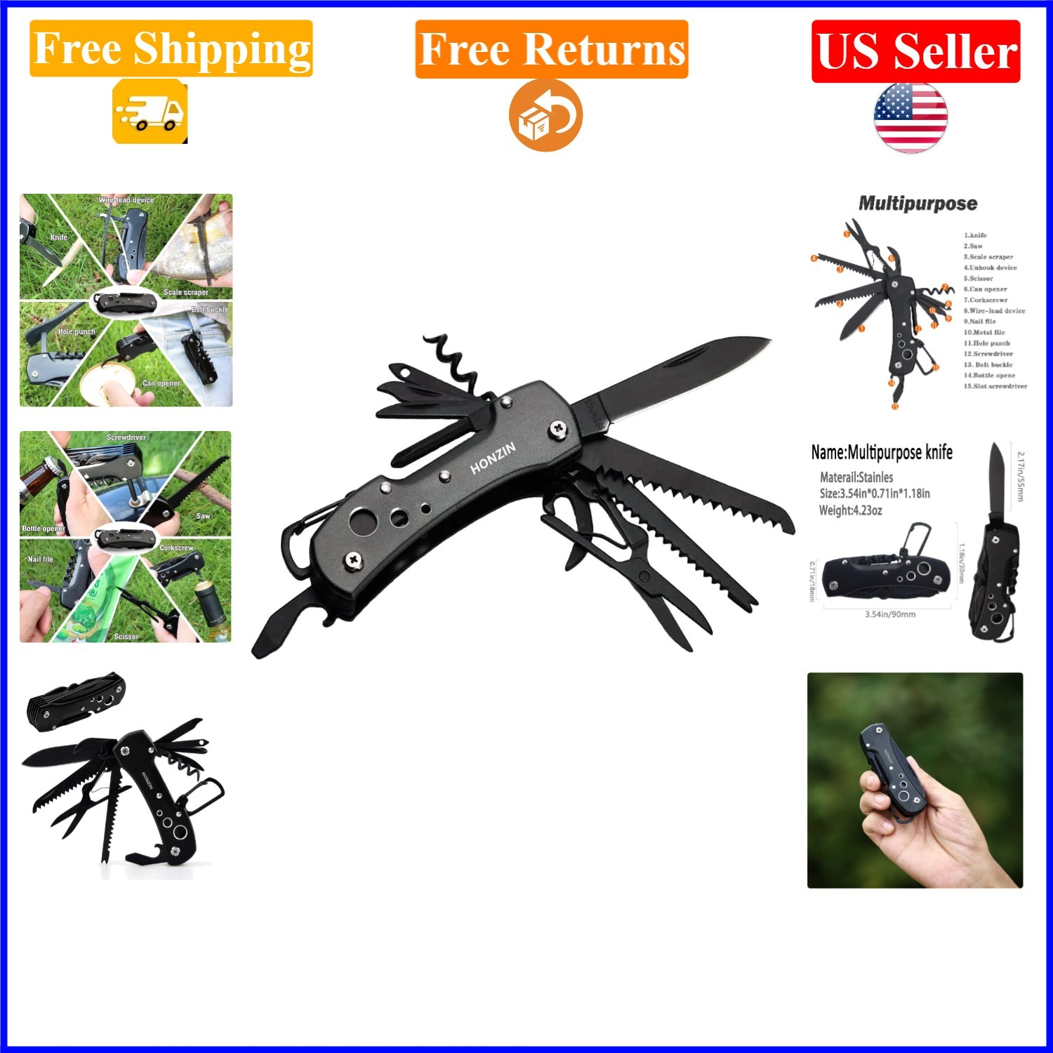 Swiss 15-in-1 Multi-Tool Pocket Knife, Compact Black Stainless Steel