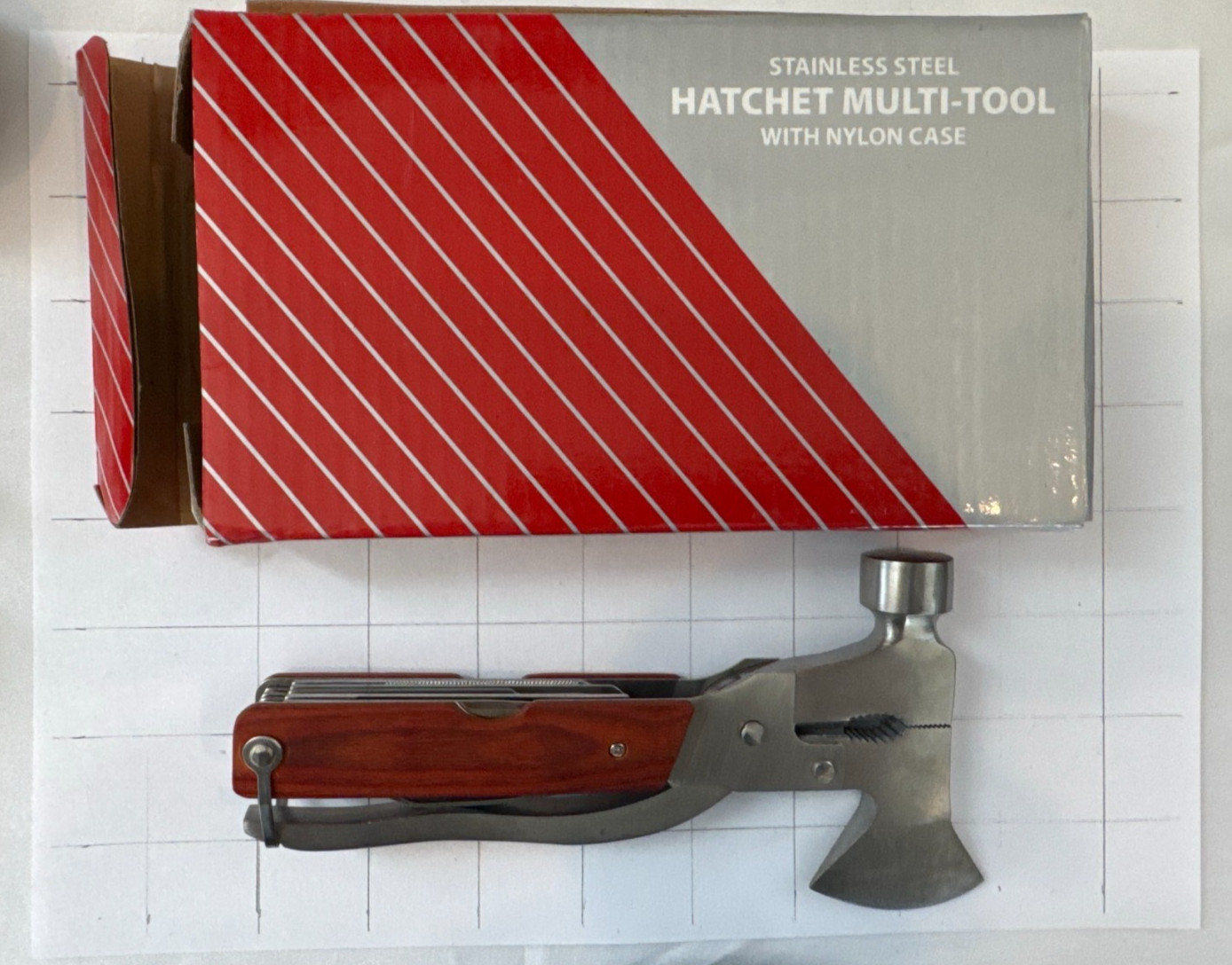 Stainless Steel Hatchet Multi-Tool w/ Wood Handle + Nylon Case + Box — Axe, Hamm