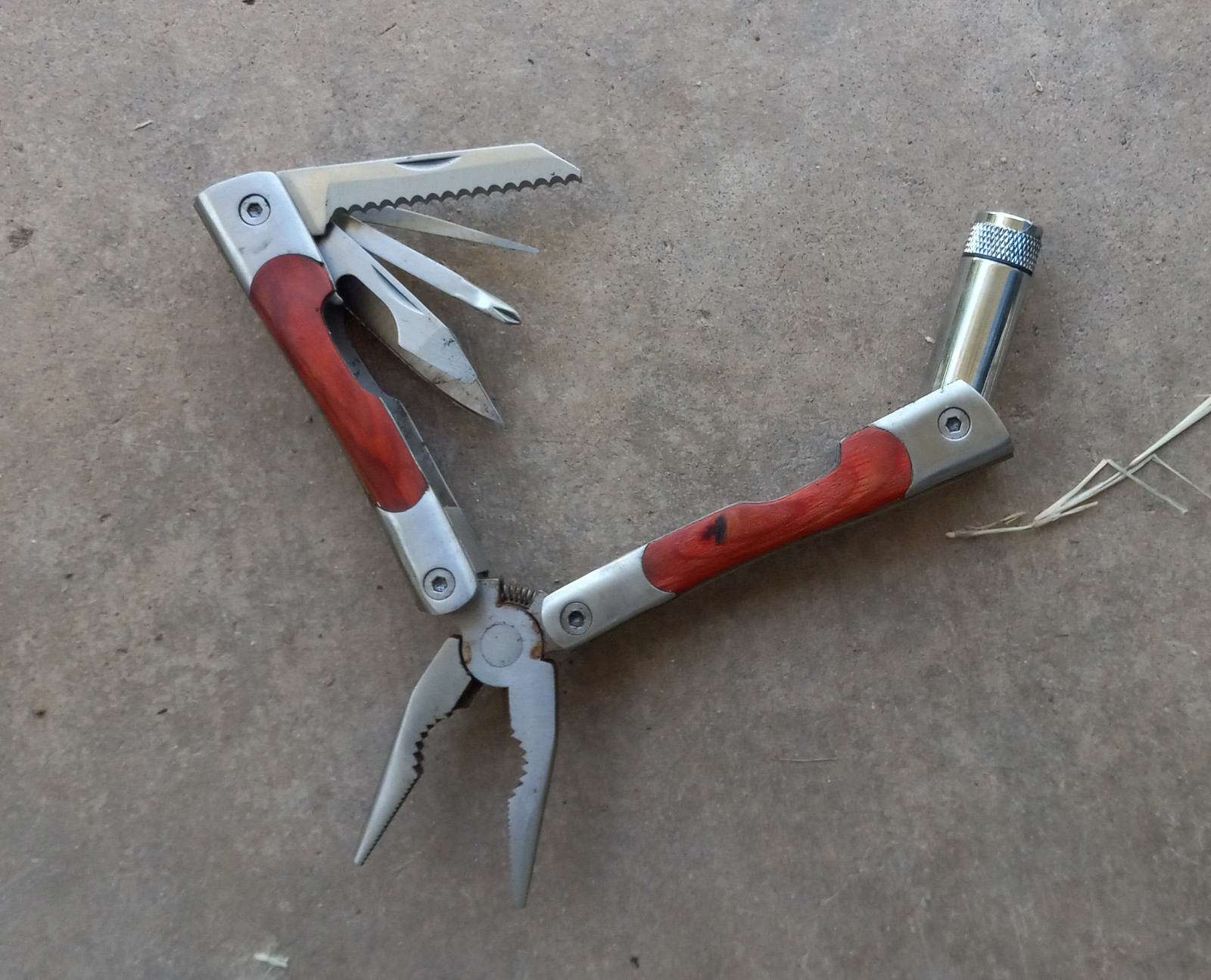 Vintage Stainless-Steel Multi-Tool with Wood Handles & Nylon Pouch