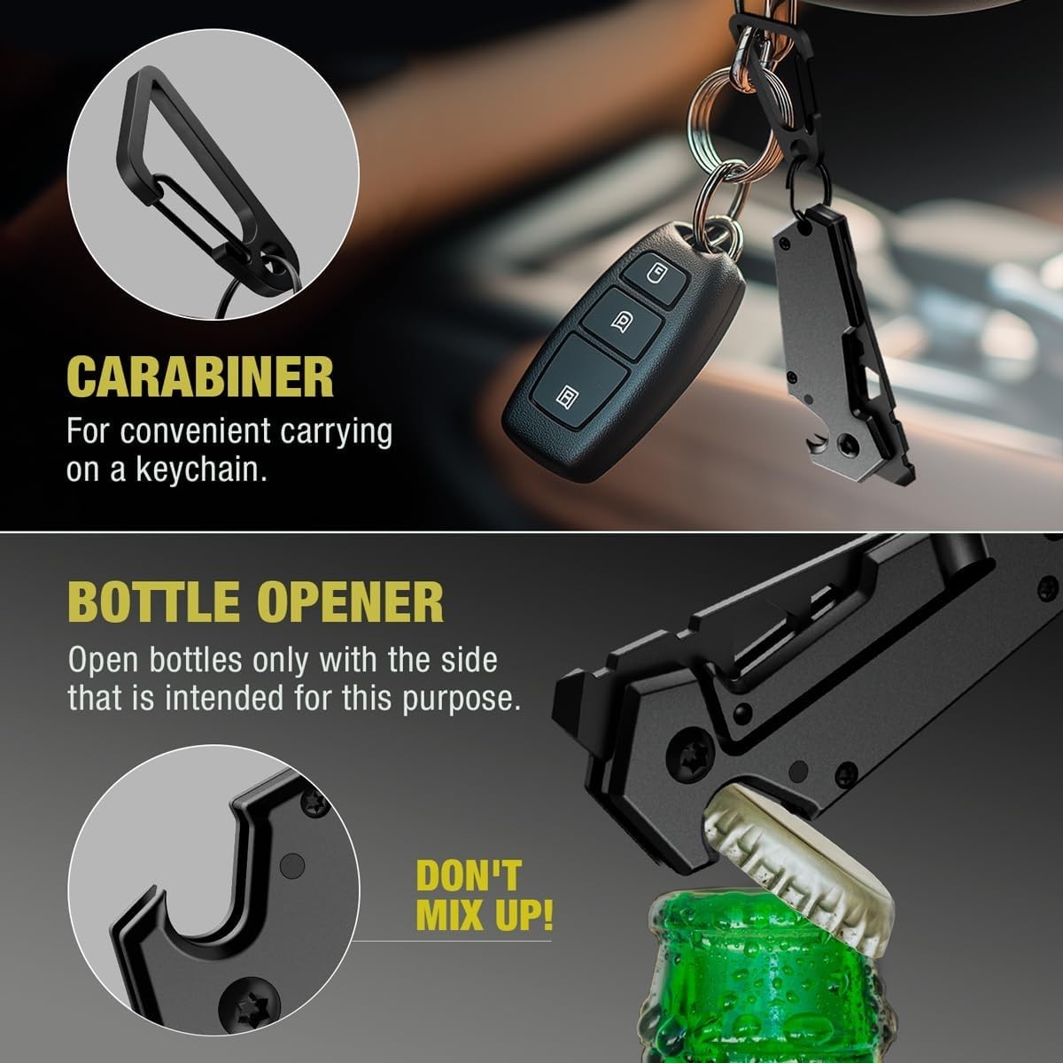 Mini Keychain Knife with Carabiner – 1.3″ Tanto Serrated Blade – 6 in 1 Black