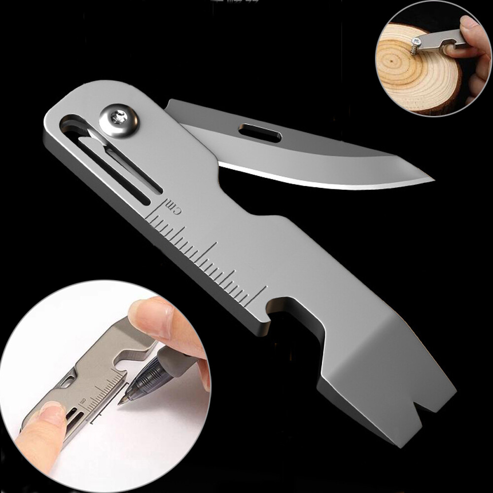 Titanium Folding Pocket Knife EDC Pry Bar Crowbar Opener Ruler Keychain Tool