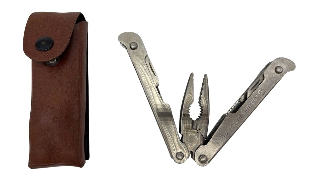 Vintage American Camper Stainless Steel Multi-Tool With Leather Sheath
