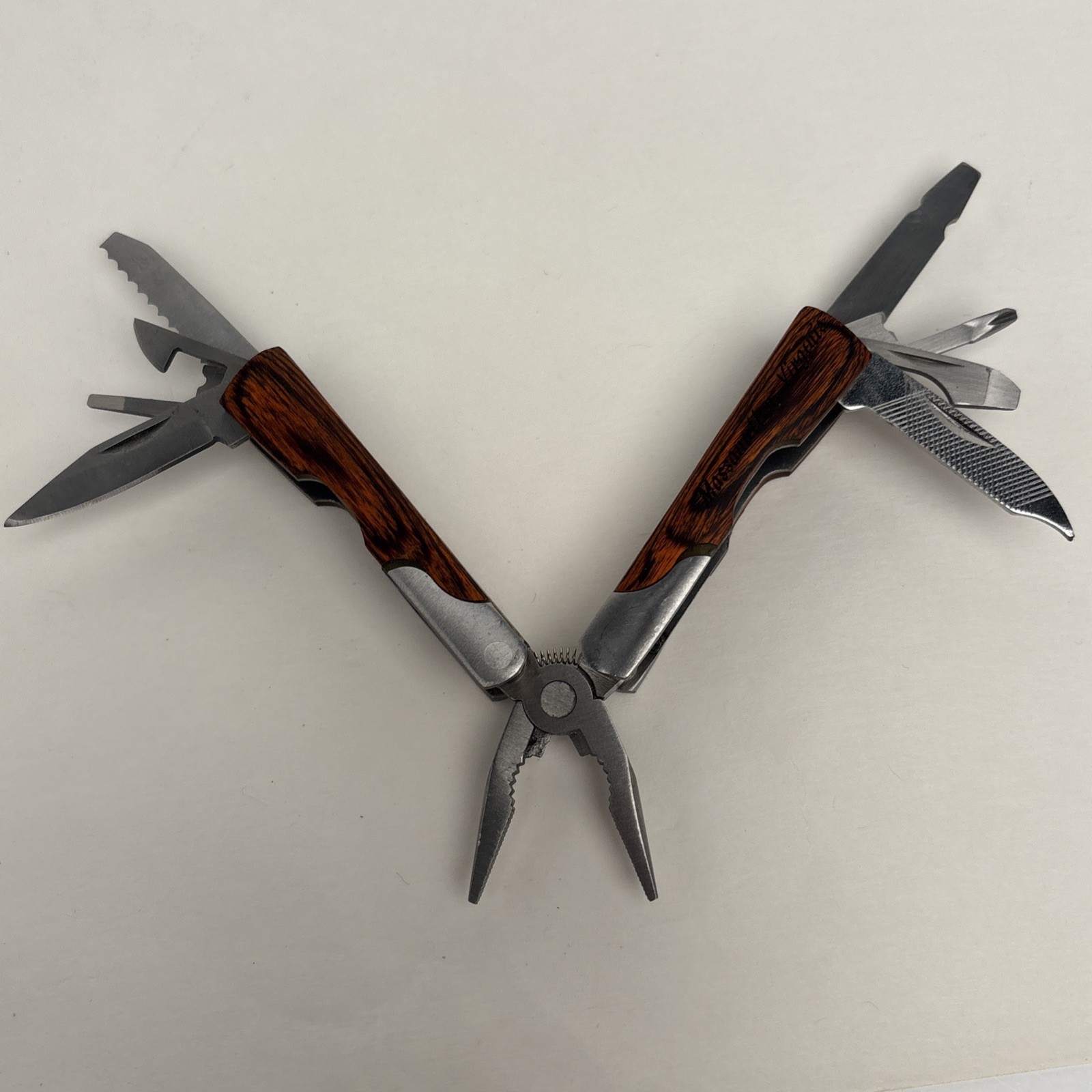 Lot Of 4 Multi – Tools Wood Scales Stainless Hike Hunt Camp Fish Crafts