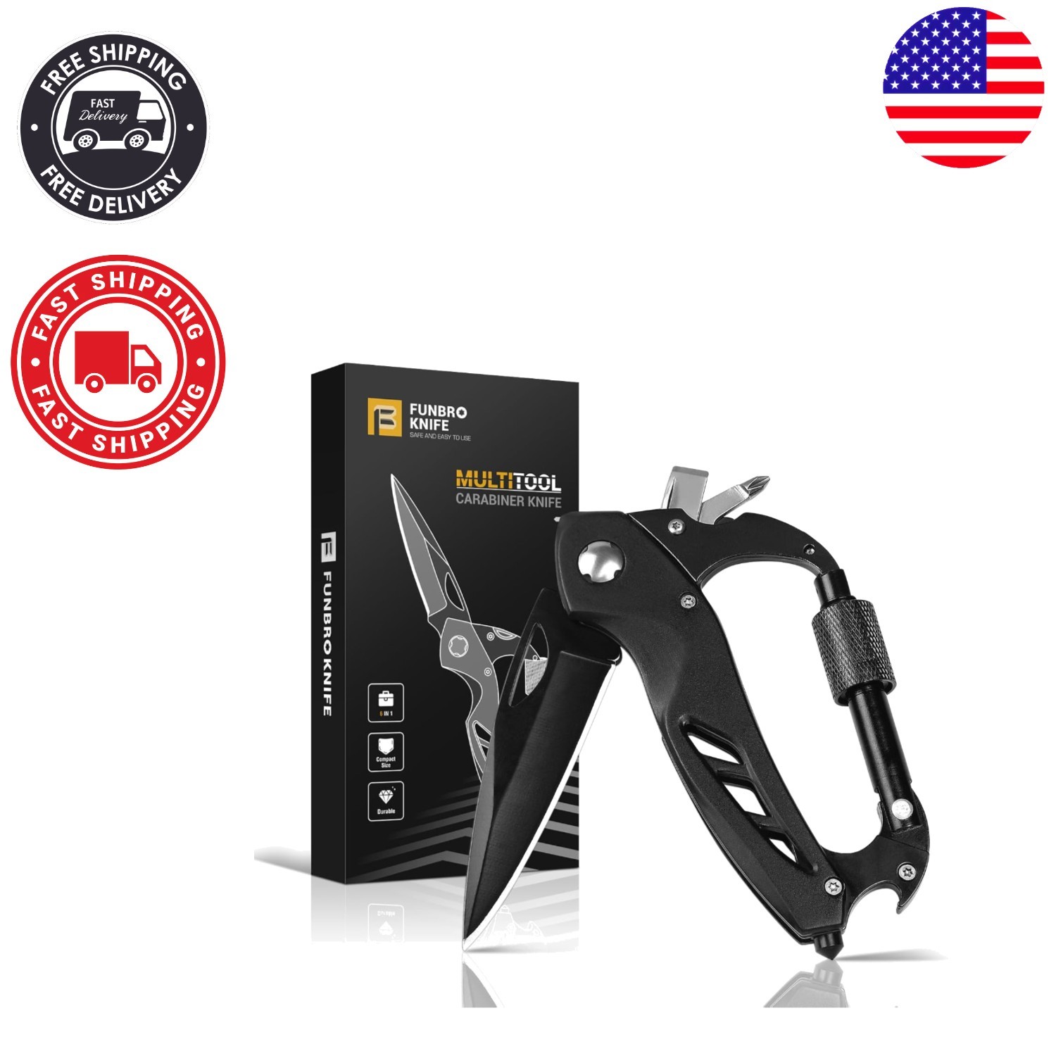 Elegant Black Multitool Carabiner with Knife – Ideal Stocking Stuffer for Men