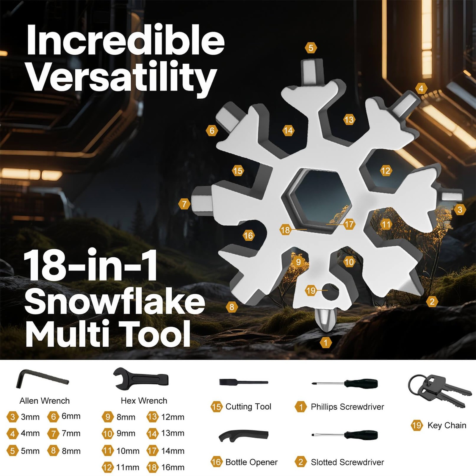 18-in-1 Snowflake Multi Tool for Men, Stainless Steel Pocket Multitool Keycha…