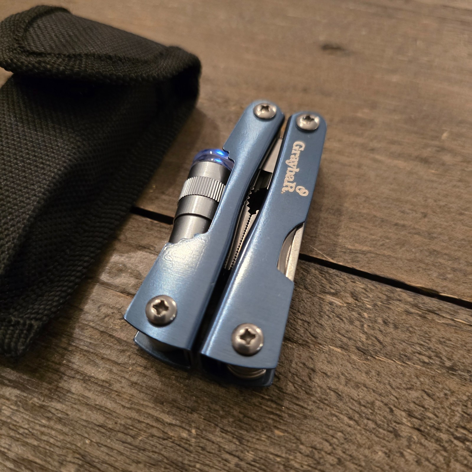 Graybar Multi Tool Pliers Blue Flash Light Knife Folding with Case