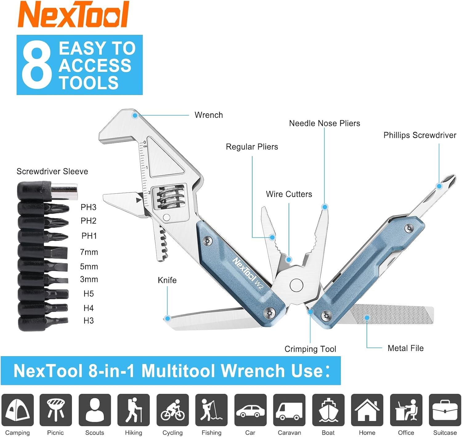 W2 8 in 1 Multi Tool W/ Adjustable Wrench Multitool Pliers Pocket Knife