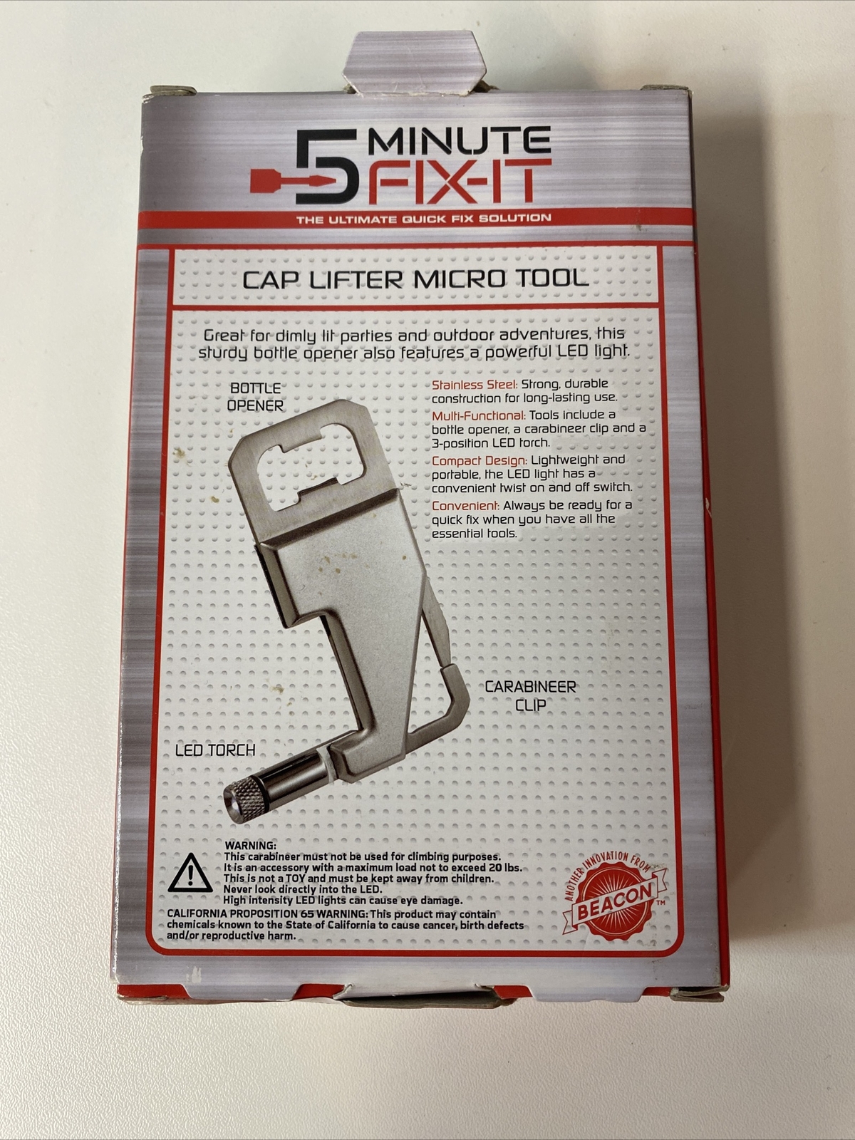 5 Minute Fix It Cap Lifter Micro Tool Bottle Opener Carabineer Clip Led Torch
