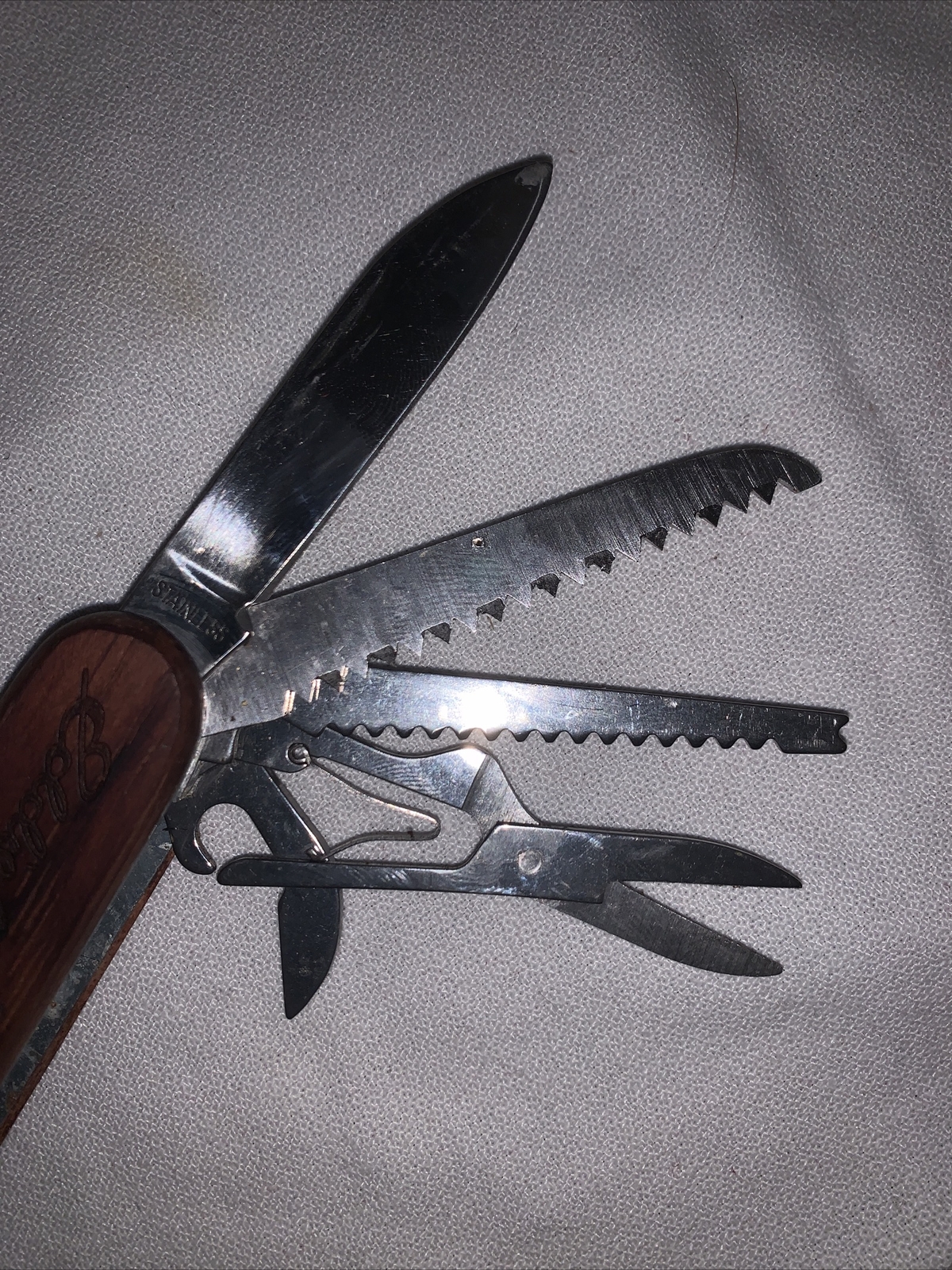 Eddie Bauer Pocket Knife Mulitool Wood Handle 11 Functions Stainless 2.5” Blade
