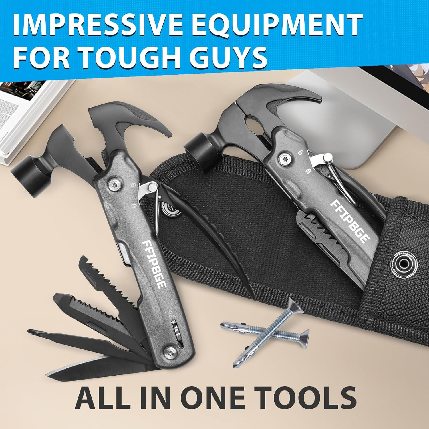 12 in 1 Hammer Multitool, Caming Mulititool with Screwdriver, Safety Lock and Du