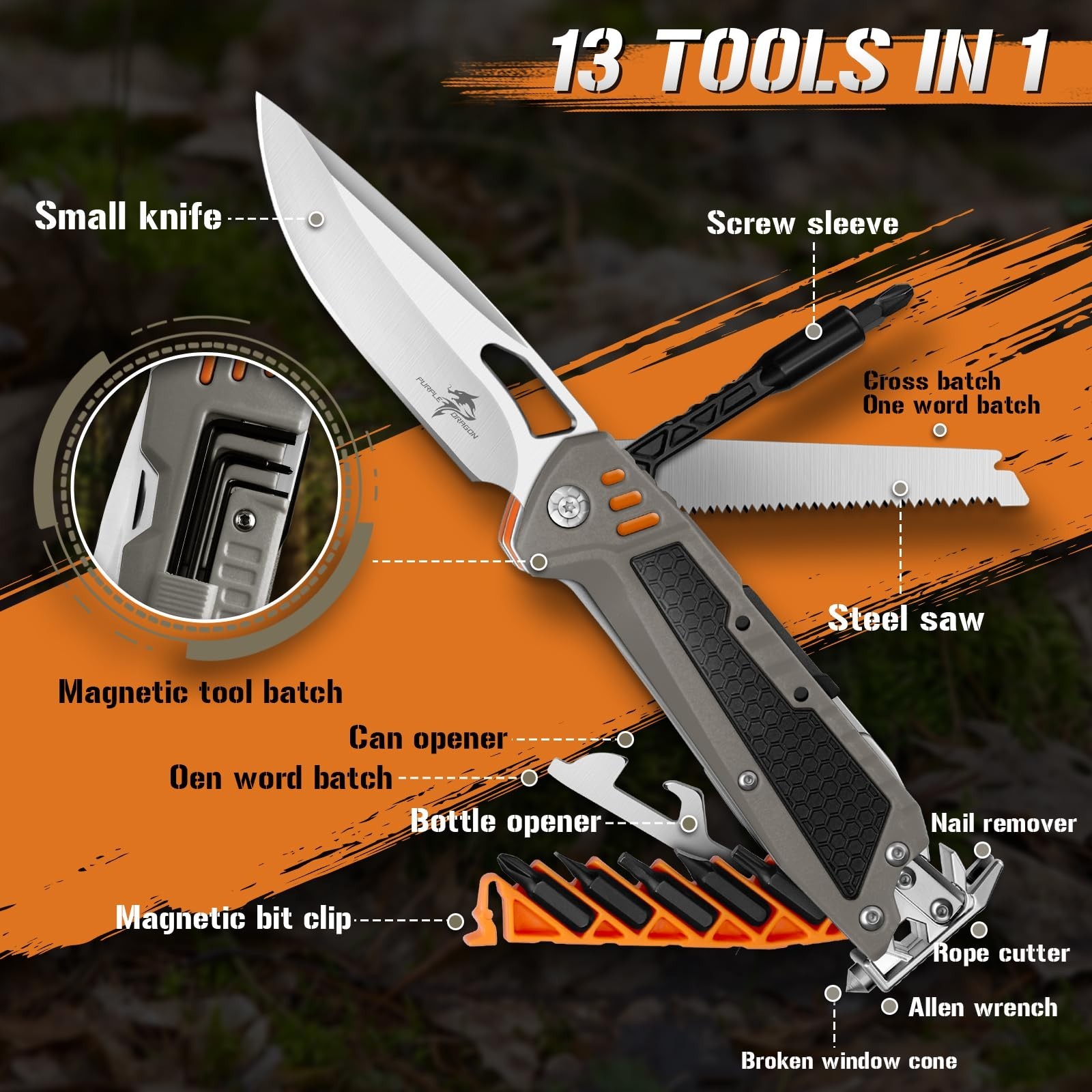 13-in-1 Purple Dragon Multitool Pocket Knife with Sheath for Camping, Hiking & O