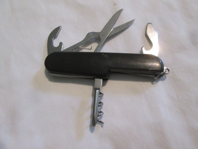 Vintage Multi-Tool Black with American Flag Embelem Pocketknife Size W/ 5 Tools