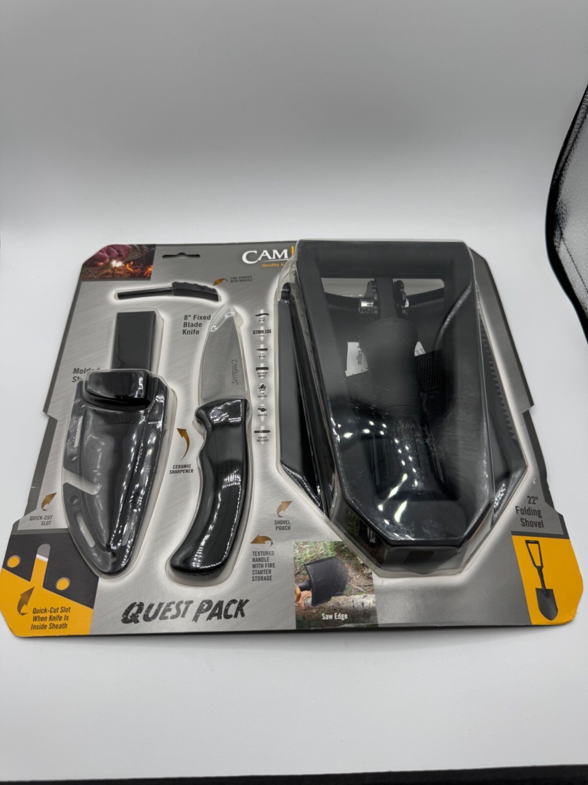 New Camillus Adventure Quest Pack 8″ Fixed Blade Knife Folding Shovel Multi Tool