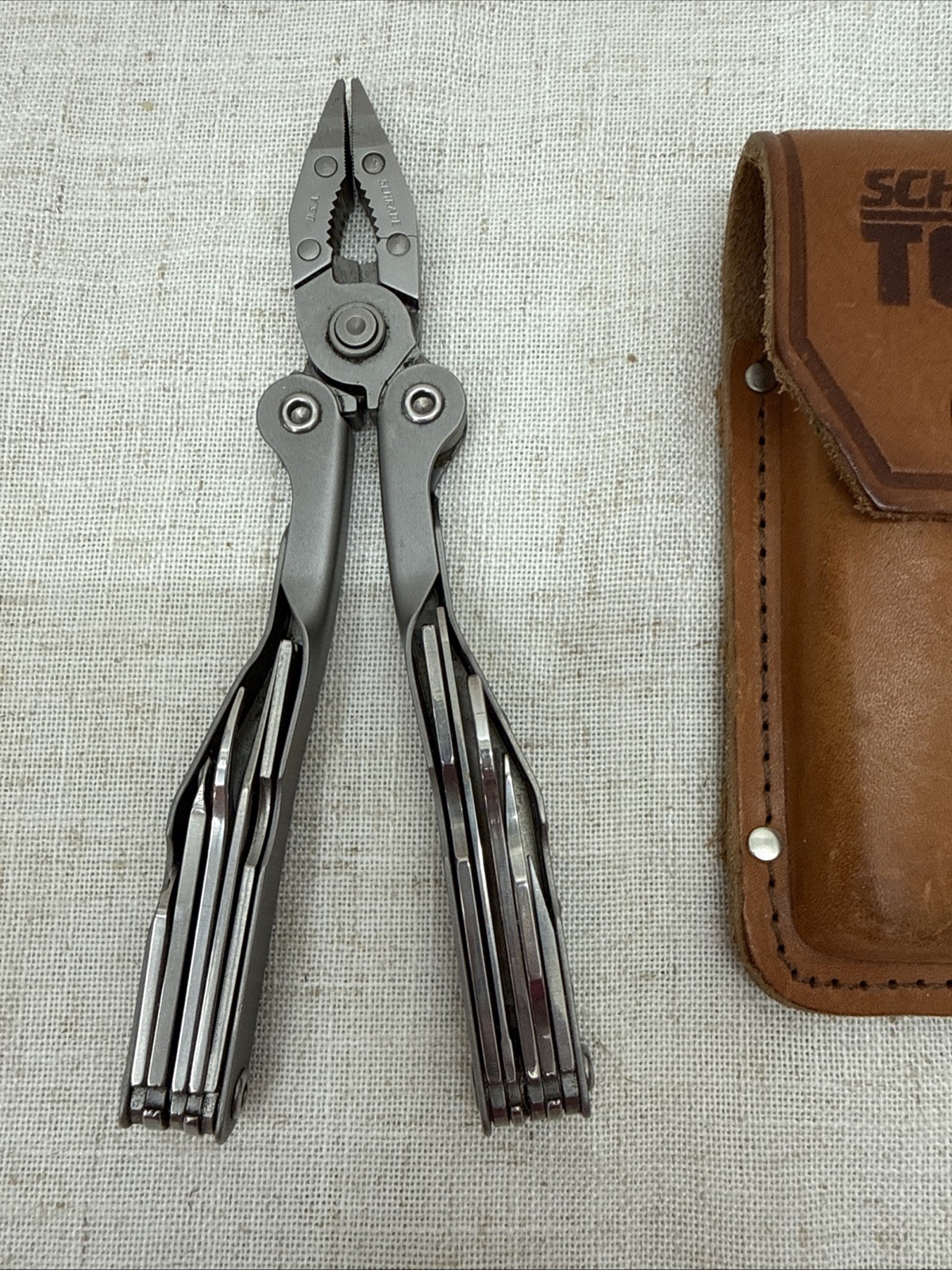 Vintage Schrade Tough Tool ST1 Multi-Tool Pliers Knife w Leather Sheath Nice!