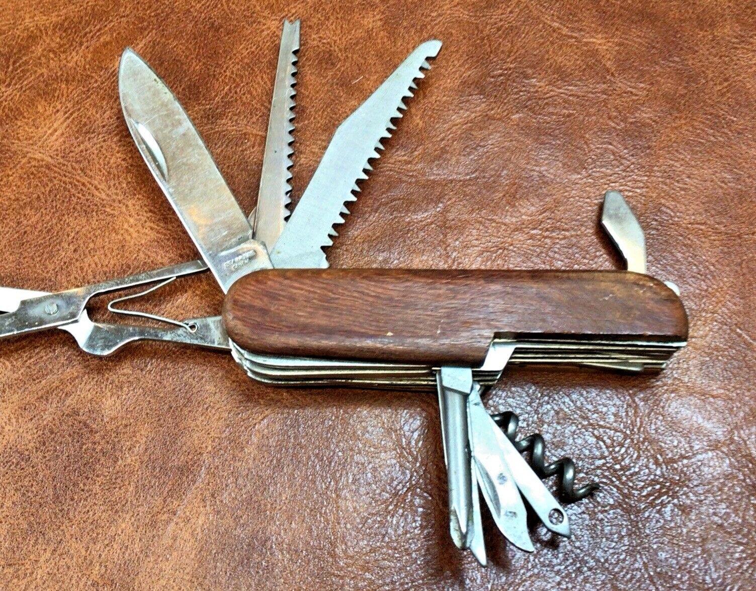 VTG Knife Multi-Tool Wooden Handle Folding Blade Cork Screw Saw Scissors