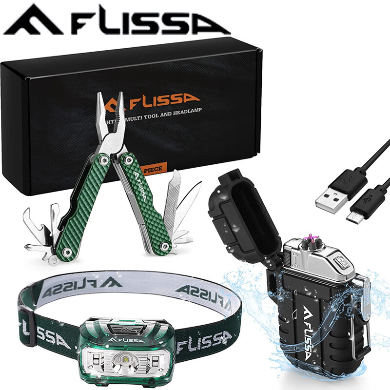 Flissa 3PCS Waterproof LED Headlamp & Windproof Lighters 12 in 1 Multitool Plier