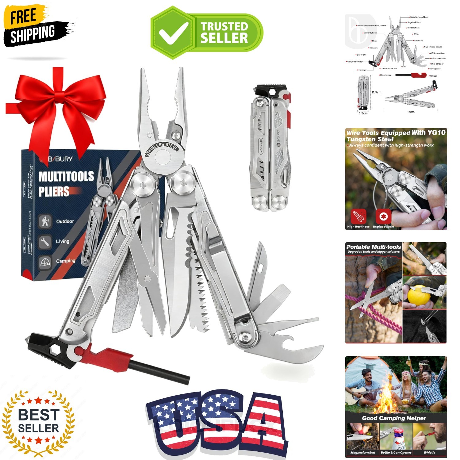 Multitool Pliers BI2038B, 22-in-1 Stainless Steel Multi Tool with Flint, Wind…