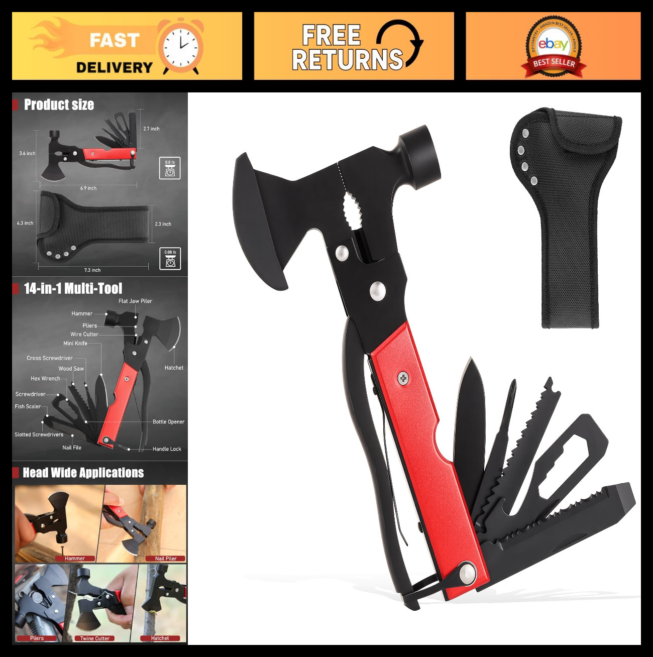 14-in-1 Camping Multitool Hammer – Survival Gear with Axe, Knife, Pliers & More