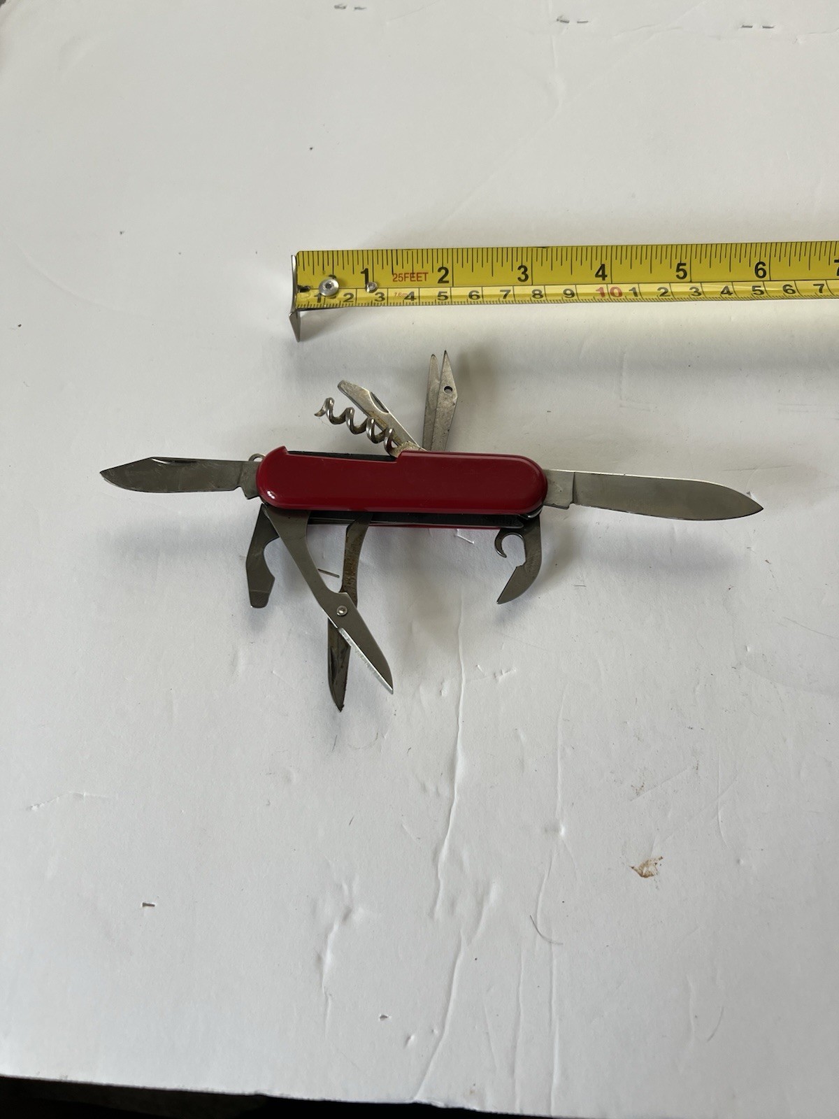 Red Multi-Tool Pocket Knife, Stainless Straight Edge Blade, 8 Tools Scissors