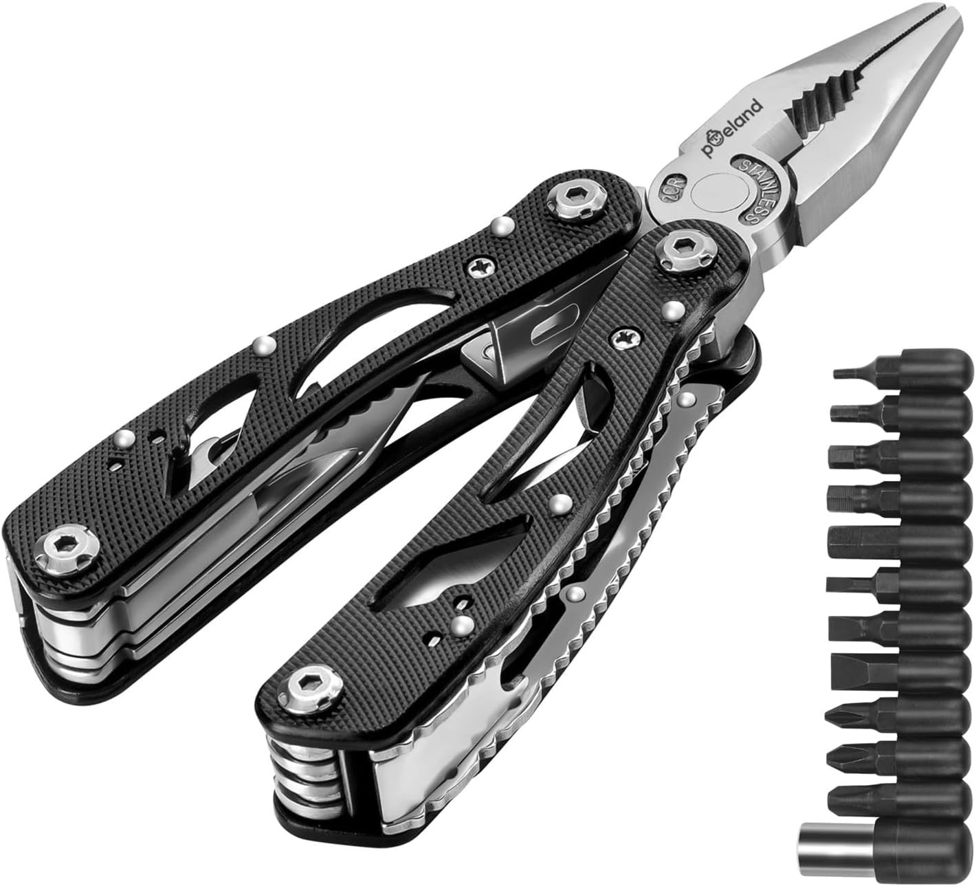 Versatile Stainless Steel Multitool with Pliers, Knife & 11 Screwdriver Bits