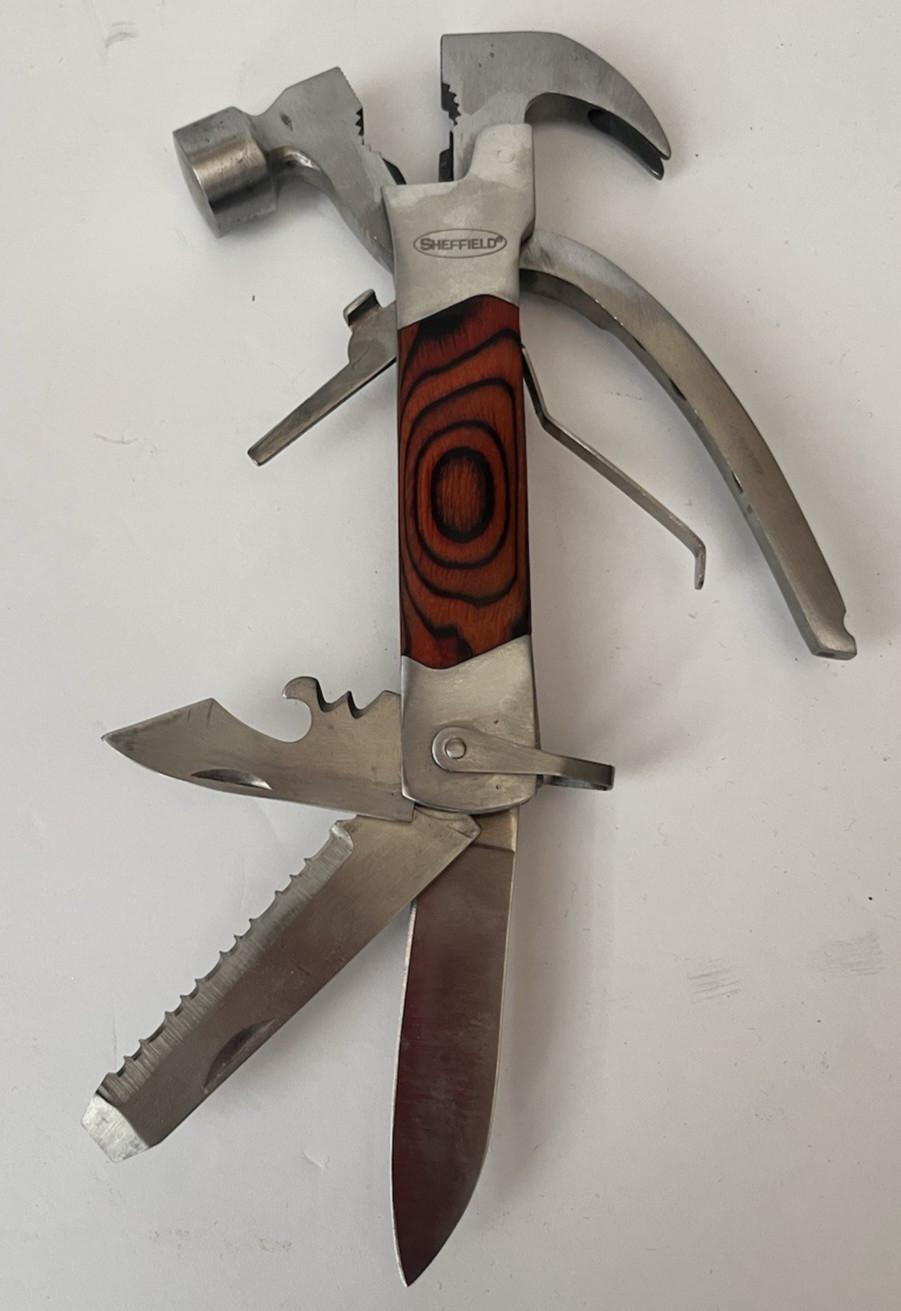 Sheffield 12913 The Hammer 14-In-1 Multi Tool Stainless Steel & Hardwood Handle