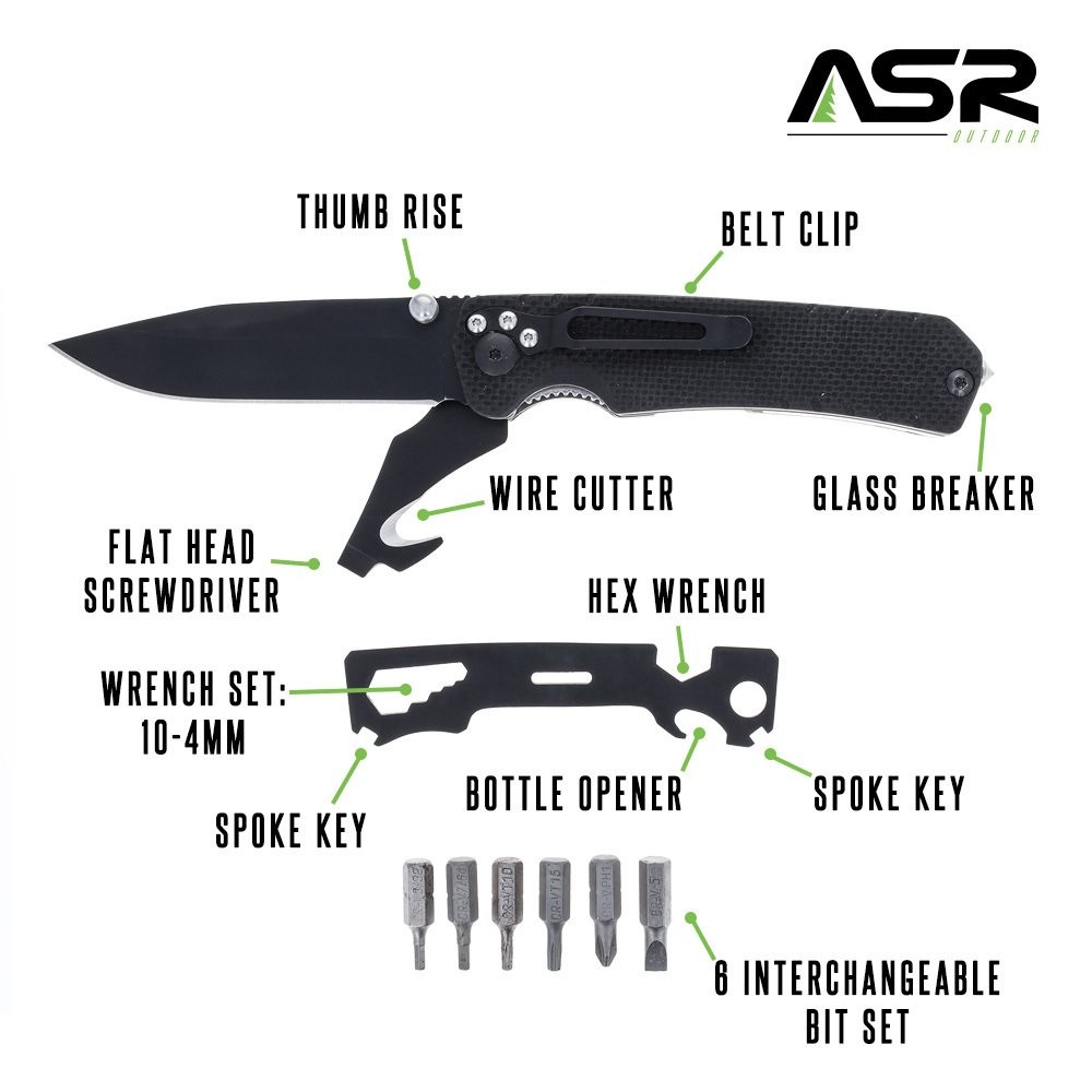 ASR Outdoor 9 in 1 Multitool Folding Pocket Knife with G10 Handle, Black