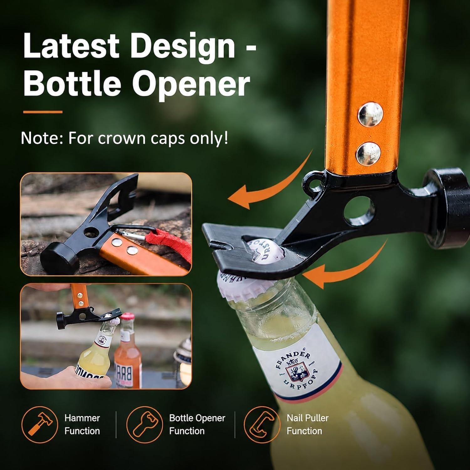 Lightweight 3-in-1 Camping Hammer – 12″ Carbon Steel Tool in Vibrant Orange