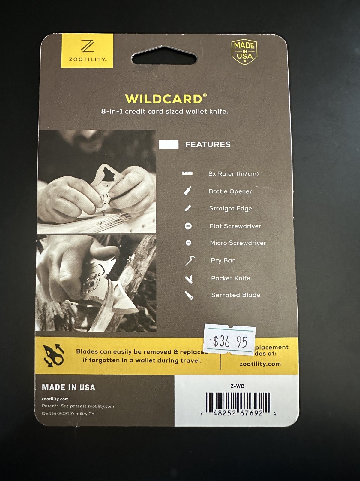 NEW! Zootility WILDCARD WALLET KNIFE 8-in-1 Multi-Tool, Stainless Steel, 2×3”