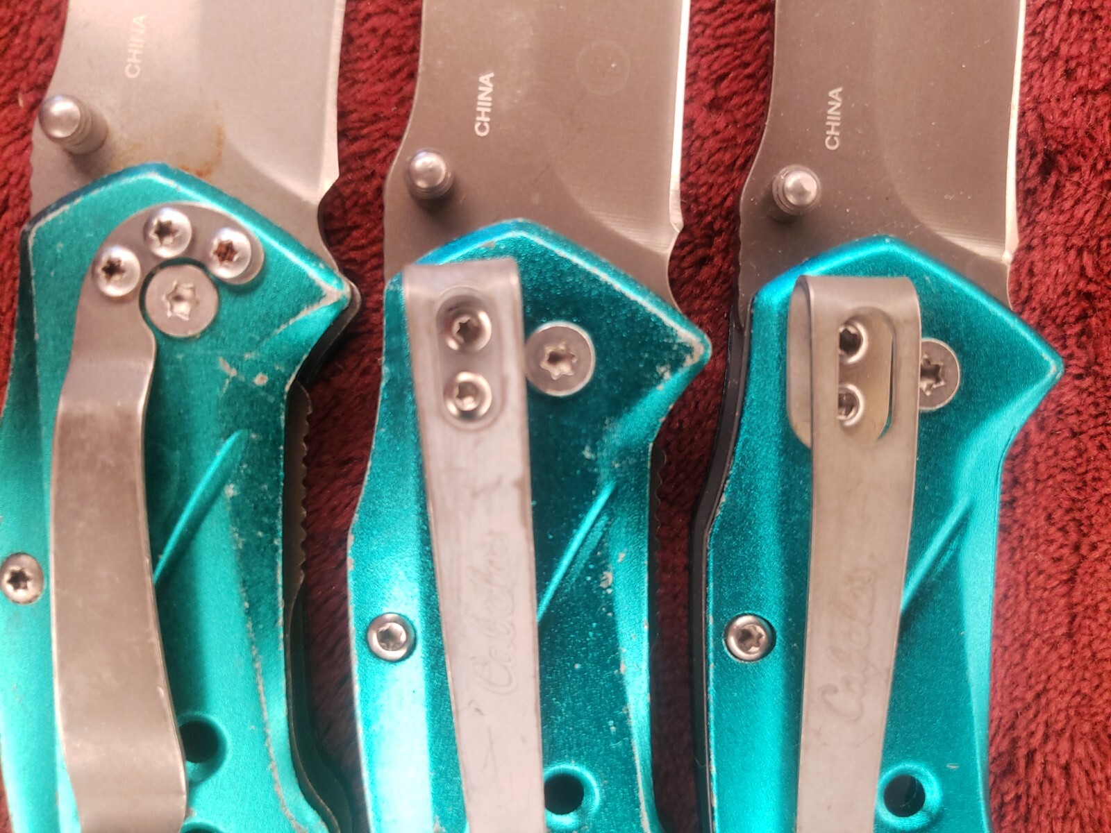 Lot 3 Cabela’s Plain Edge Liner Lock Aluminum Scale Folding Cyan Turquoise color