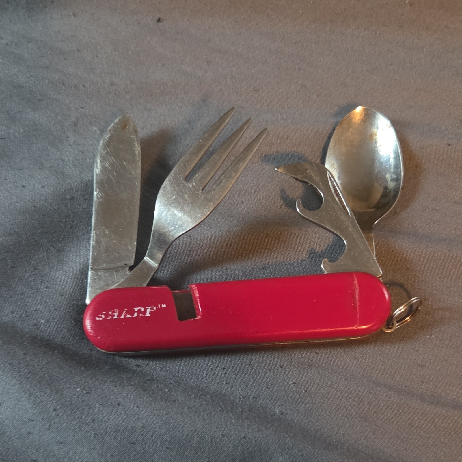 Sharp Red Camping Multi-Tool 5-in-1 Knife Fork Spoon Can/Bottle Opener