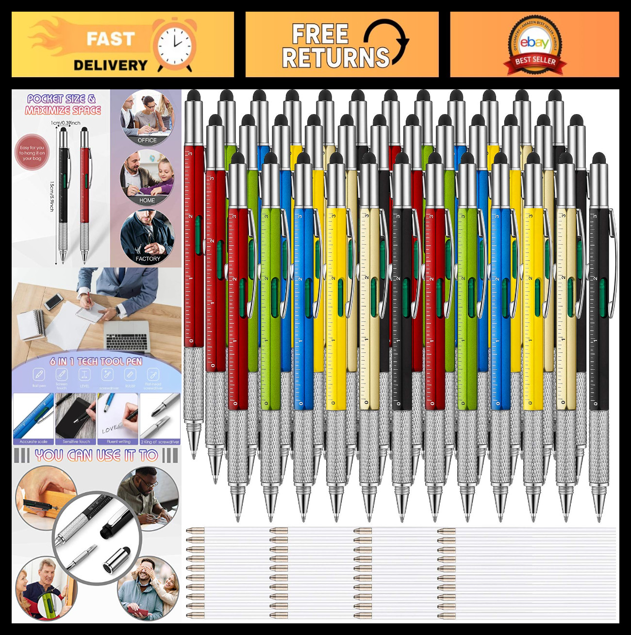 36 Pcs 6-in-1 Multitool Tech Pen Set – Ruler, Level, Screwdriver, Touch Screen,