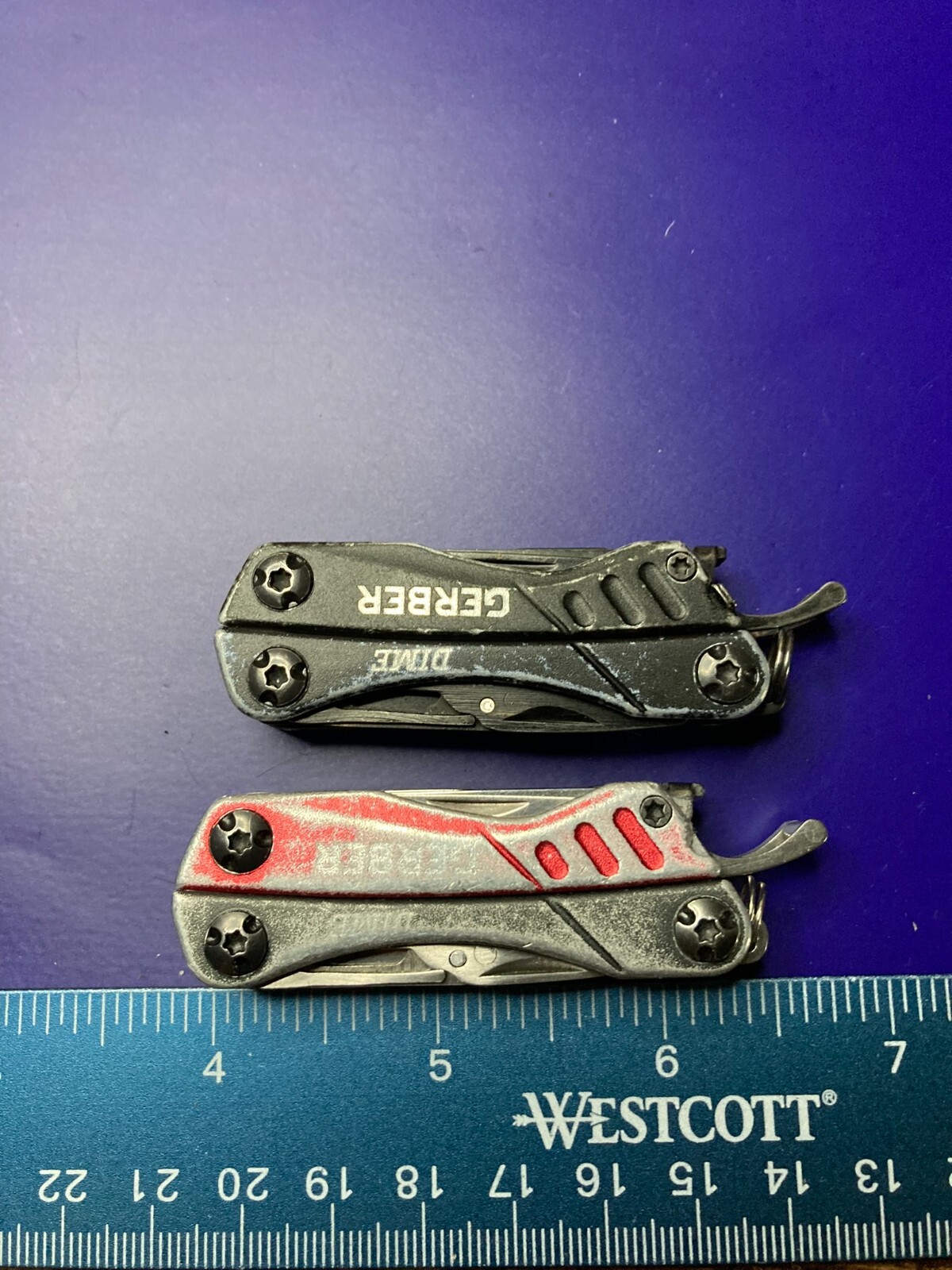 Lot of 2 Gerber Dime Multi-Tools Small Keychain Pliers Knife File Scissors