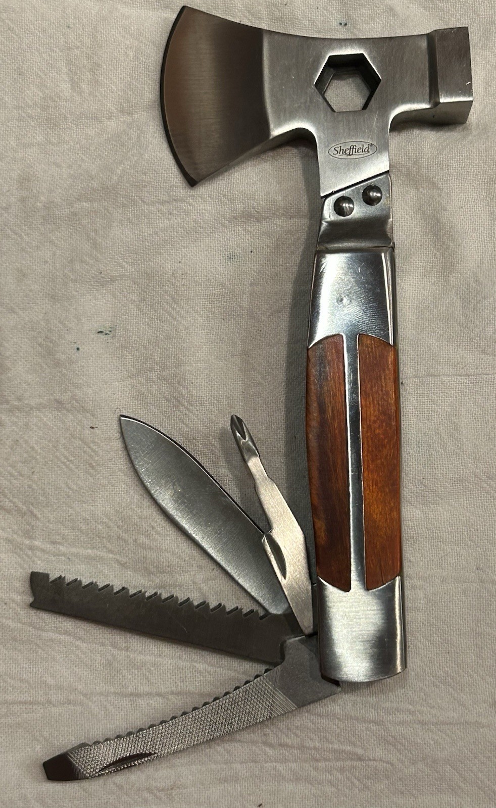 Sheffield Wood Multi Tool Hatchet Axe Screwdriver, saw, etc. Excellent condition