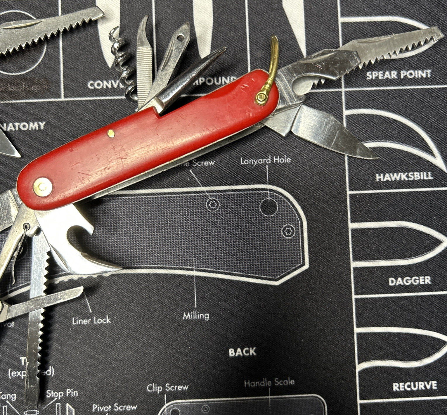 Lot Of 3 Vintage Japan Red Multi Tool Folding Knives Good USED Tools Clean Sharp