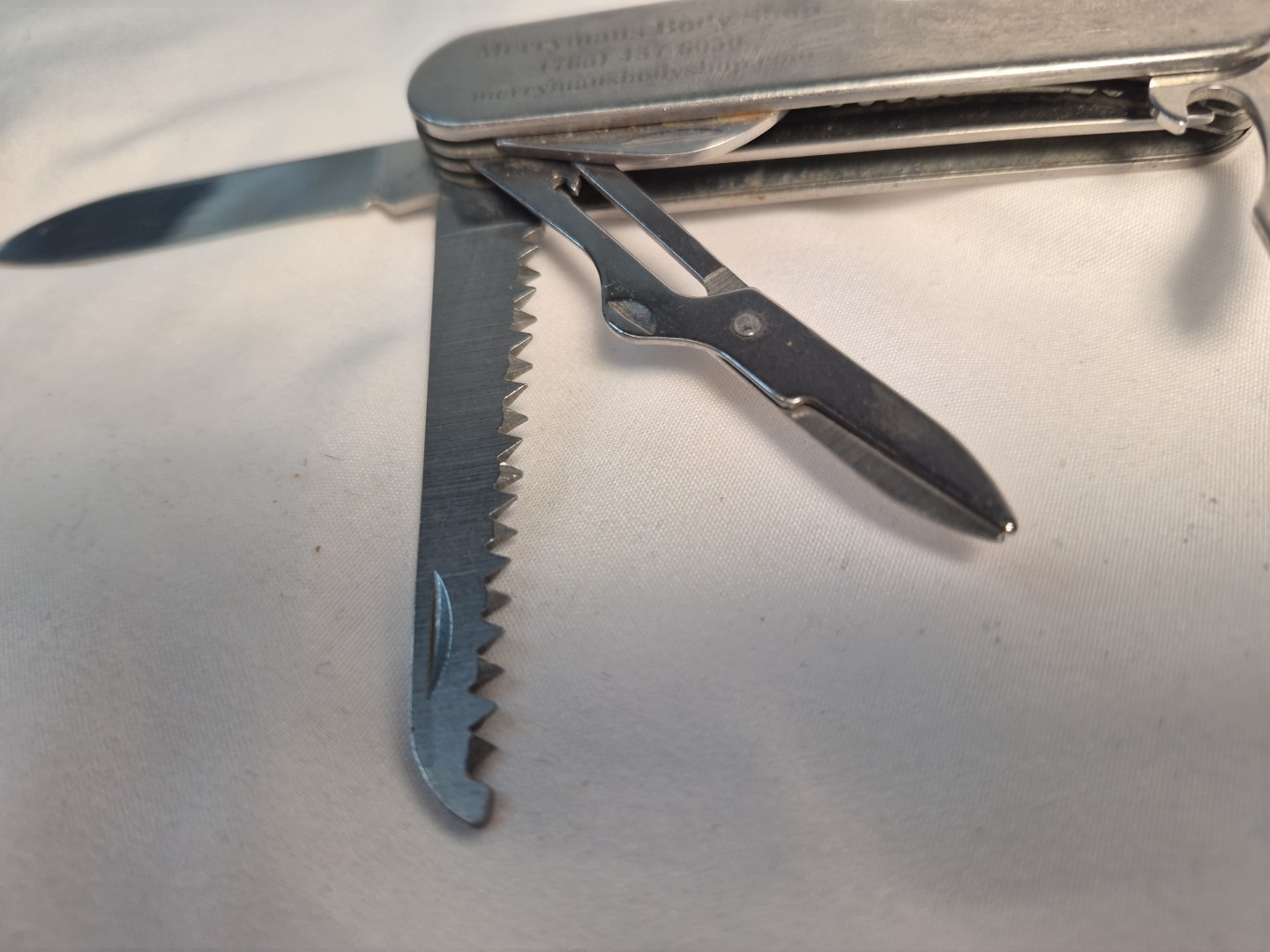 10 MULTI TOOL Silver VTG MERRYMANS Pocket Advertising Knife Army Camp Survival