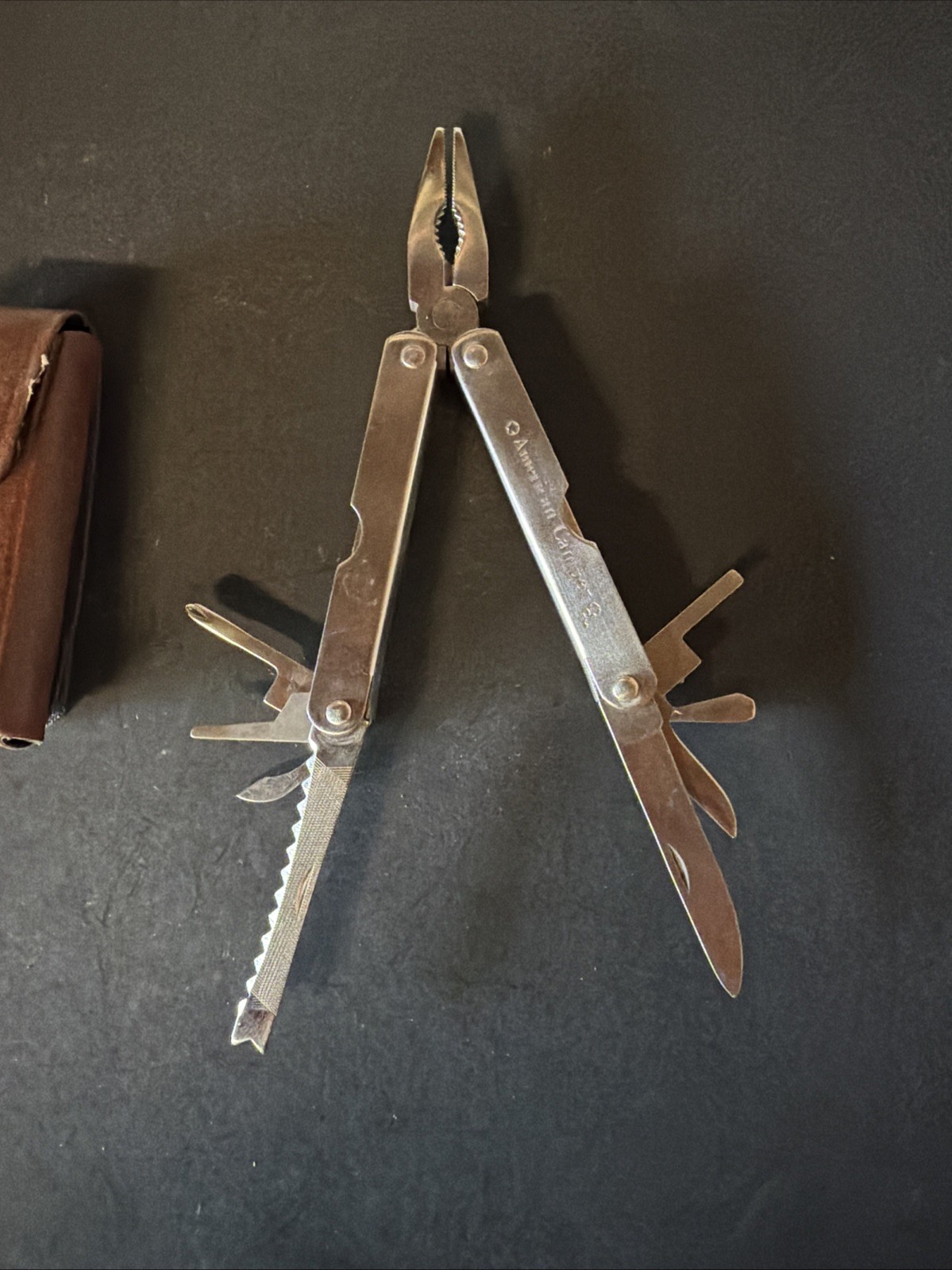 VTG American Camper Stainless Steel Multi Tool Foldable W Brown Belt Case Sheath