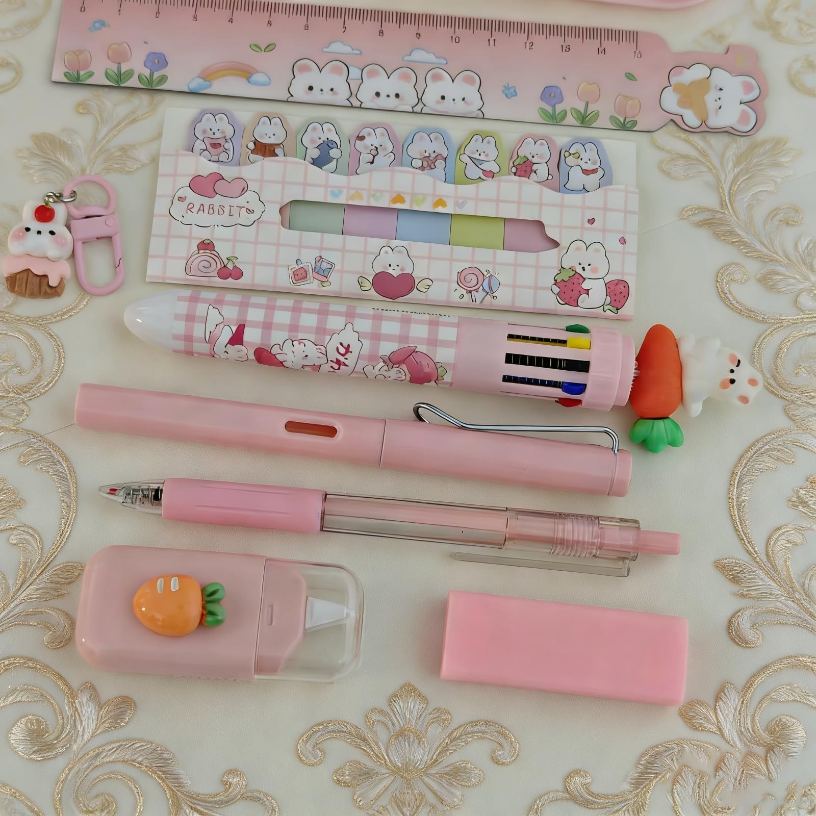 9 Pcs Cute Pink Stationery Set Carrot Rabbit Kawaii Office Supplies Including…