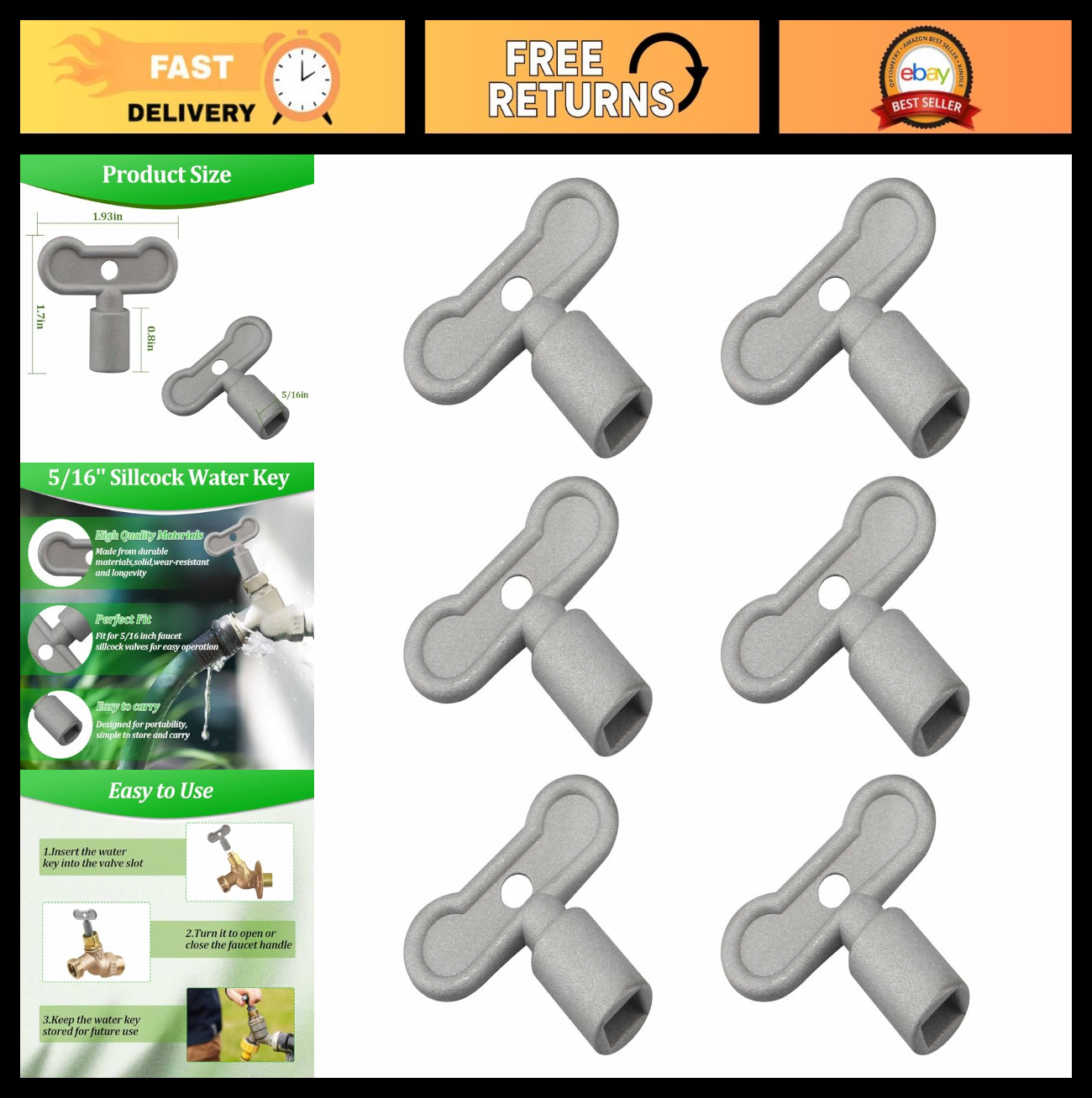 Water Key Sillcock 5/16″ – Outdoor Faucet Handle, Spigot Knob Keys, 6 Pack