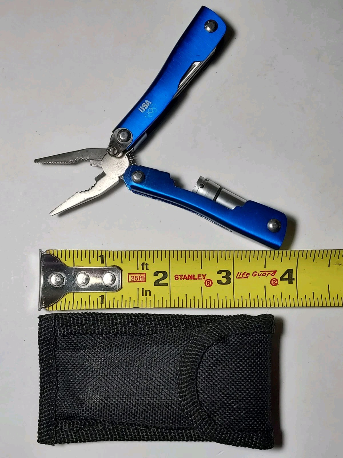 Blue Mini Multi Tool with USA & Olympic Rings + Nylon Pouch – Pliers, Blade