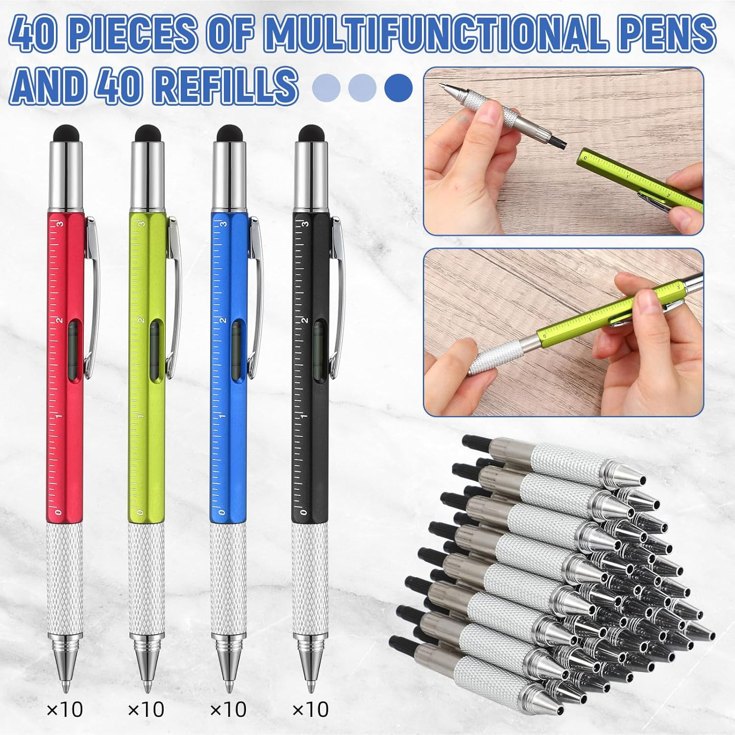 Yeaqee 40 Pcs Gifts for Adult Men:6 in 1 Multi Tool Pens with Refills Ruler Leve